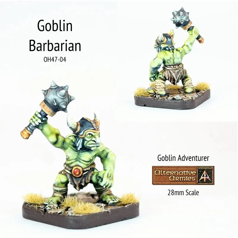 A green-skinned Goblin Barbarian stands proudly, wielding a spiked mace raised high. The miniature features intricate details, including a horned helmet and a rugged outfit, with a small red gem at the waist. The base is adorned with tufts of grass, and the text "Goblin Barbarian" and "Alternative Armies 28mm Scale" are displayed alongside the figure.