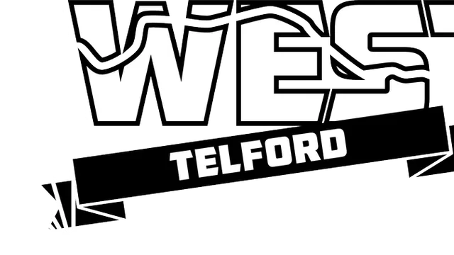 The image features the text "ACWEST" prominently displayed, with "Telford" in a bold, white font on a black banner beneath it. The design includes a stylized, dynamic font that conveys a sense of excitement, with some lines suggesting movement or flow. The overall color scheme is primarily black and white, emphasizing the event's branding.