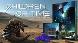 Children of Time: The Roleplaying Game, book covers, dice, and a desert scene with a creature and a dome.