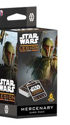 A box for the "Star Wars: Legion Mercenary Card Pack" features striking artwork of two armored characters, reminiscent of bounty hunters, set against a dark background. The box prominently displays the "Star Wars: Legion" logo and includes images of the card contents, with a warning symbol indicating it is an expansion pack. The overall design is sleek and thematic, appealing to fans of the Star Wars universe.