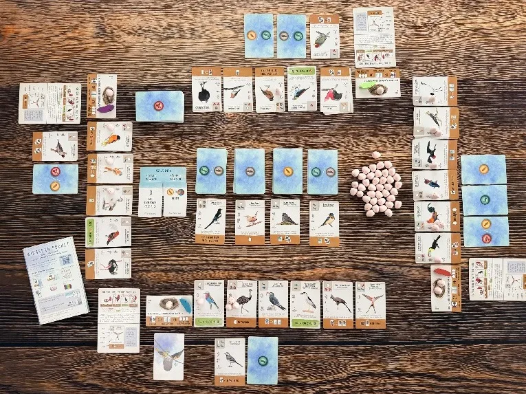 A wooden surface with numerous cards arranged in rows, each depicting illustrations of birds, eggs, food tokens, and various game symbols. Some cards have blue or light backgrounds with circular food tokens in green, brown, and yellow. A cluster of small pink and white egg miniatures is visible near the center-right. The cards display bird names, habitat types, and numerical values. The layout suggests a board or card game in progress.