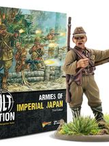 A book titled "Armies of Imperial Japan" from Warlord Games is prominently displayed, featuring a colorful cover illustration depicting Japanese soldiers in action, with a backdrop of explosions and military equipment. The book is positioned upright, showcasing its spine and cover, while a detailed 28mm miniature of a Japanese soldier is placed in the foreground, emphasizing the theme of the game. The text on the cover highlights the book's focus on World War II wargaming rules for the Imperial Japanese Army.