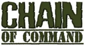 The image features the title "CHAIN OF COMMAND" prominently displayed in a bold, stylized font. The letters are primarily in a dark green color, with a rugged, military-inspired design. Below the title, the word "COMMAND" is presented in a slightly smaller size, maintaining the same color scheme and style, emphasizing the theme of the WWII skirmish game.
