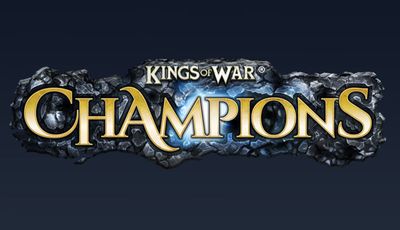The image features the logo for "Kings of War: Champions," prominently displayed in a bold, stylized font. The word "Champions" is highlighted in a bright yellow color, contrasting against a dark, rocky background that adds a sense of depth and texture. The logo includes the trademark symbol for "Kings of War," indicating its connection to the established game series.