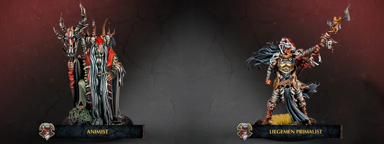 A mystical character figure, the Animist, stands prominently with long, flowing hair and a beard, adorned with various natural elements. He wears a red cloak over layered garments, and his hands are raised, suggesting a connection to nature or magic. The background is dark and textured, enhancing the character's imposing presence.