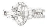 A detailed illustration of a futuristic spacecraft, featuring a sleek, elongated body with multiple rocket engines at the rear. The ship has a prominent circular structure in the middle, resembling a rotating habitat or docking ring, connected by a series of cylindrical sections. The front of the ship is equipped with various instruments and modules, suggesting advanced technology for space exploration. The overall design combines elements of both retro and modern sci-fi aesthetics, emphasizing functionality and exploration.