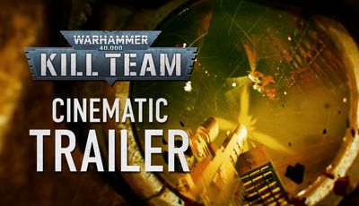 The image features the title "WARHAMMER 40,000 KILL TEAM" prominently displayed at the top, with a metallic and rugged design. Below, the word "CINEMATIC" is shown in bold white letters, followed by "TRAILER" in a slightly smaller font, also in white. The background is dark and textured, suggesting a gritty, industrial environment, possibly hinting at the themes of the upcoming release, Operation Hivestorm.