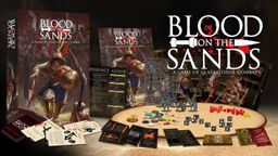 A dynamic display of the game "Blood on the Sands" features a prominent cover illustration of a gladiator in armor, wielding a sword, set against a backdrop of an arena. Surrounding the central image are various game components, including a reference guide, character cards, tokens, and a sprue of miniatures, all laid out on a sandy surface. The title "BLOOD ON THE SANDS" is boldly presented at the top, emphasizing the game's focus on gladiatorial combat.