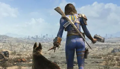 A lone vault dweller stands with their back to the viewer, gazing out over a desolate wasteland, accompanied by a dog. The character is dressed in a blue jumpsuit with a yellow stripe, equipped with a rifle slung across their back and a pistol in hand. In the background, a ruined cityscape is visible under a cloudy sky, emphasizing the post-apocalyptic setting. The text "A SOLO ROLEPLAYING GAME" is prominently displayed at the bottom.