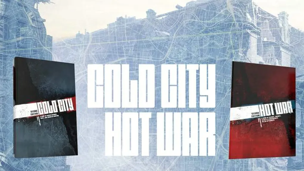 The image features two tabletop role-playing game book covers side by side, set against a faintly detailed map background. On the left, the cover for "Cold City" is predominantly black with a red stripe, while the right cover for "Hot War" has a dark red background with a white stripe across the middle. The title "COLD CITY HOT WAR" is prominently displayed in bold, white letters across the center, emphasizing the connection between the two games. The overall aesthetic conveys a sense of tension and intrigue, fitting the themes of espionage and supernatural horror.