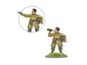 A 28mm miniature of an American paratrooper named "Thirsty Work" is depicted, holding a bottle of wine in one hand while the other arm is posed to hold a pistol. The soldier is dressed in a light green uniform with a backpack and a belt, standing on a grassy base. An inset shows a close-up of the arm holding the pistol, emphasizing the dual options for the model.