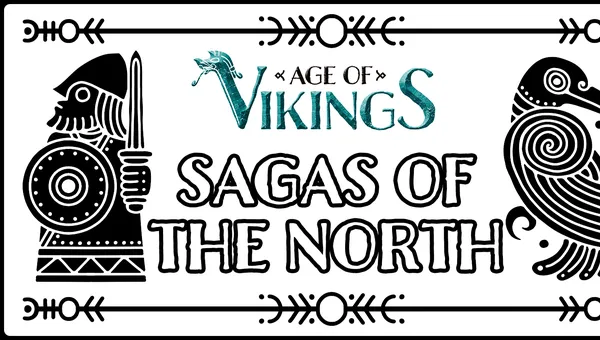 A stylized illustration features a Viking warrior wearing a helmet and holding a round shield, depicted in black against a white background. Above the warrior, the title "AGE OF VIKINGS" is displayed in a bold, turquoise font, while below, the words "SAGAS OF THE NORTH" are presented in a playful, black typeface. Decorative elements, including arrows and patterns, frame the image, enhancing its thematic connection to Viking culture.