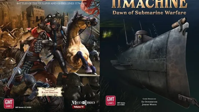 The image features two board game covers side by side. On the left, "Purgatorio: Battles of the Guelphs and Ghibellines 1176-1325" showcases a dramatic scene with armored knights engaged in battle, set against a backdrop of a medieval castle and a cloudy sky. On the right, "Infernal Machine: Dawn of Submarine Warfare" presents a dark underwater scene featuring a submarine, with faint light illuminating the water and hints of a shipwreck in the background. Both covers highlight the historical themes of their respective games.