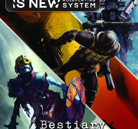 Two characters in futuristic armor: one with a yellow and black suit holding a large weapon, the other in a dark suit with a helmet and holding a gun. A third armored figure in green and gold stands in the background. Text reads: "WHAT'S OLD IS NEW ROLEPLAYING SYSTEM."
