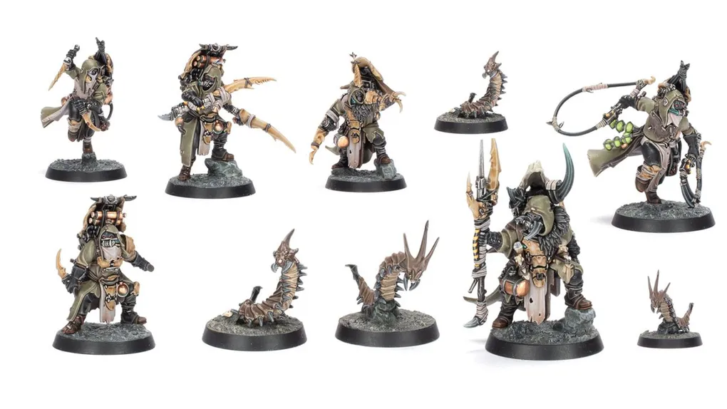 A collection of six intricately designed miniatures representing the Sha’dar Hunters from Necromunda, accompanied by their Arthromite spinewyrms. The hunters are clad in rugged, post-apocalyptic armor, featuring various weapons and gear, while the spinewyrms exhibit a segmented, menacing appearance. The bases of the miniatures are textured to resemble the harsh terrain of the Ash Wastes, enhancing the overall theme of survival in a desolate environment.