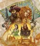 A vibrant illustration features four characters from the 7th Sea tabletop role-playing game, each embodying the swashbuckling spirit of the setting. On the left, a rugged man in a tricorn hat holds a pistol, while a confident woman with curly red hair brandishes a sword beside him. In the center, a woman in a green dress gestures with a quill, and to the right, a brooding figure in dark clothing stands with a serious expression. The background includes a stylized flag and hints of a fantastical cityscape, enhancing the adventurous atmosphere of Theah.