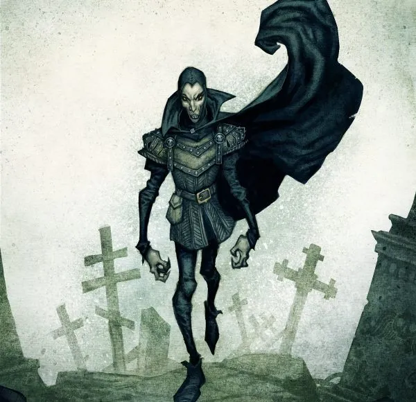 A tall, skeletal figure stands menacingly in a graveyard, wearing dark, tattered clothing and a hooded cloak. The character has a gaunt face with exaggerated features, including sharp cheekbones and a wide, sinister grin. In the background, weathered gravestones are partially obscured by mist, enhancing the eerie atmosphere of the scene.