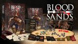 A dynamic display of the game "Blood on the Sands" features a prominent cover illustration of a gladiator in armor, wielding a sword, set against a backdrop of an arena. Surrounding the central image are various game components, including a reference guide, character cards, tokens, and a sprue of miniatures, all laid out on a sandy surface. The title "BLOOD ON THE SANDS" is boldly presented at the top, emphasizing the game's focus on gladiatorial combat.