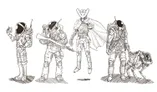 The image features four distinct characters, each depicted in a sci-fi style. On the left, an astronaut in a classic space suit raises a hand, while the second character, also in a space suit, holds a rifle. The third character stands out with a flowing cape and a unique helmet, holding a weapon, and the fourth character, resembling a futuristic astronaut, is accompanied by a small robotic creature. The overall design showcases a blend of traditional and modern sci-fi aesthetics, emphasizing exploration and adventure.