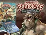 A vibrant display features the "Fantasy Zombicide: Dead Men Tales" box set prominently, showcasing colorful artwork of pirate characters engaged in action. Next to the box, a hardcover book titled "Plaguebearer" and a graphic novel are visible, both adorned with detailed illustrations. In the foreground, a large, menacing zombie character with a bandana and tattered clothing adds a dramatic touch to the scene, emphasizing the game's adventurous and fantastical theme.