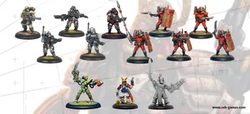 A collection of miniature figures showcases two new additions to the webshop. The top row features several armored warriors, including a fierce warrior from the Leviathan Classic Range, who channels Earthpower, and multiple Convict Auxilia in red armor, equipped for close combat. The bottom row includes a diverse array of characters, such as a figure in green with a bow, a samurai-inspired warrior, and a gray figure wielding a large weapon, all set against a subtle background.