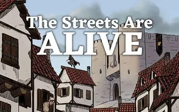 Medieval street with people, horse, and buildings. Text: A Fantasy City Street Generator