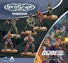 A collection of six G.I. JOE miniatures is displayed prominently, featuring characters in dynamic poses. The figures include a mix of soldiers and ninjas, each detailed with distinct uniforms and accessories, set against a backdrop of hexagonal terrain. In the lower right corner, artwork showcases two characters in action poses, emphasizing the game's theme of combat and strategy.