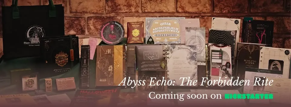 A collection of various themed props and materials is displayed on a dark surface, showcasing the upcoming Kickstarter project "Abyss Echo: The Forbidden Rite." The assortment includes intricately designed books, sealed letters, and occult artifacts, all contributing to a mysterious atmosphere. The text "Abyss Echo: The Forbidden Rite" and "Coming soon on KICKSTARTER" is prominently featured, inviting players to engage in a chilling Cthulhu Mythos adventure.