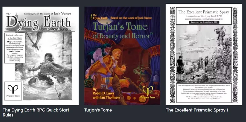 Dying Earth RPG Quick Start and Turjan's Tome of Beauty and Horror book covers.