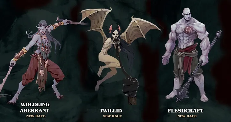 A Twillid character, resembling a humanoid with bat-like wings and a mischievous expression, is positioned on the left, holding a small object. On the right, a muscular Fleshcraft character stands confidently, showcasing a pale, muscular physique with a prominent heart symbol on his chest, wielding a large weapon. Both characters are set against a dark, textured background, with their names and the label 