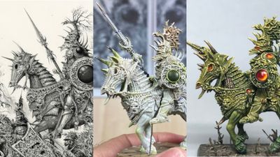 A triptych showcases the evolution of Ian Miller's Chaos beastmen illustrations into miniatures. The left panel features a detailed black-and-white illustration, while the center displays a partially painted miniature with intricate textures and a rider adorned with elaborate armor. The right panel presents a fully painted miniature, vividly colored with a striking green and gold scheme, depicting a beast with a menacing expression.