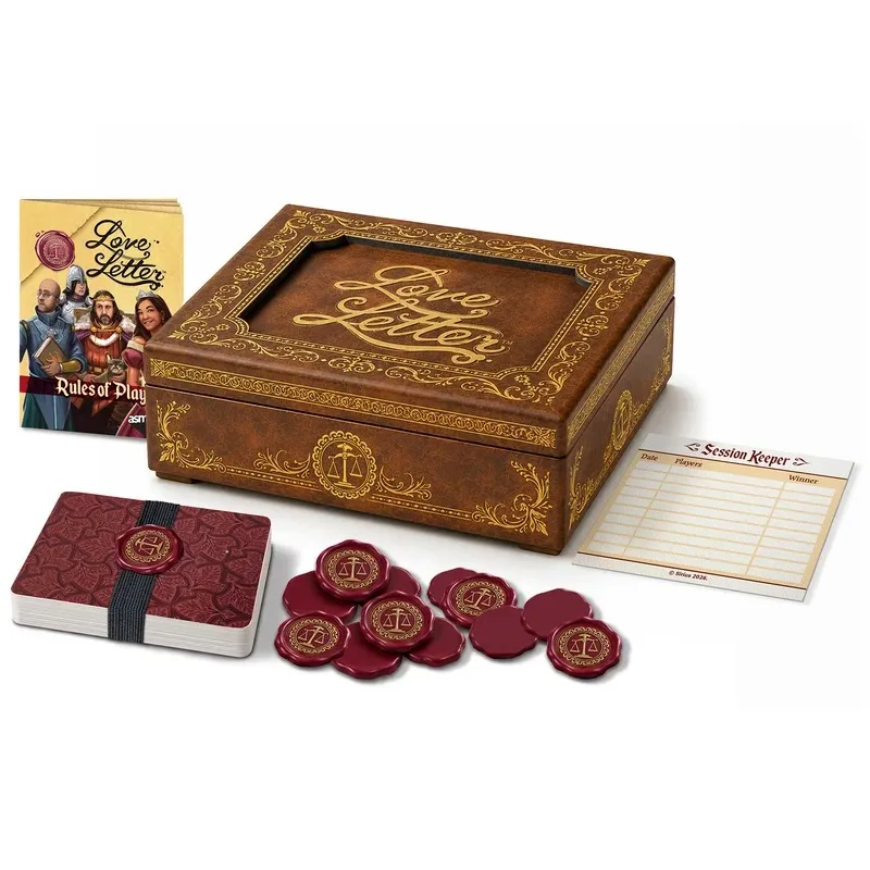Wooden Love Letter box, rulebook, cards, red wax seal tokens, and score sheet.