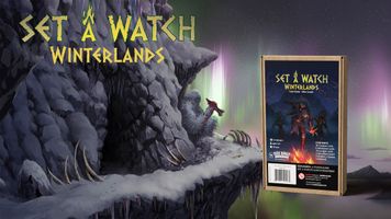 A rocky, snow-covered cliffside is depicted, with a mystical aurora borealis illuminating the sky in shades of green and purple. In the foreground, a box for the "Set a Watch: Winterlands" expansion is prominently displayed, featuring dark fantasy artwork that includes shadowy figures and a menacing creature. The title "SET A WATCH WINTERLANDS" is boldly presented at the top, emphasizing the game's theme and expansion details.