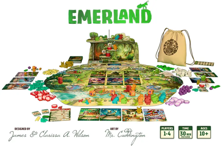 A vibrant game board for the Everdell Emerland expansion features lush jungles and ancient ruins, with various paths and locations illustrated across the surface. Surrounding the board are colorful meeples representing different creatures, alongside a deck of double-sided cards and various tokens. A drawstring bag is also visible, and the title 