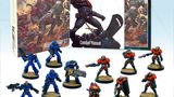 A collection of miniatures and rulebooks for the sci-fi tabletop game Void 2.0 is displayed. In the foreground, there are 12 painted miniatures: four blue Viridian Interdict Marines, one blue Viridian Assault Marine with a heavy machine gun, six red Junkers Convict Legionaries, and one red Junker Legionary with a flamethrower. In the background, three rulebooks are visible, including the "INTRODUCTORY SET," "Combat Manual," and "Squad Tactics," all featuring dynamic artwork.
