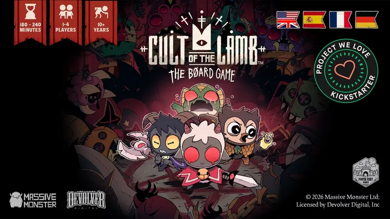 Cult of the Lamb: The Board Game box art with cartoon characters and text.