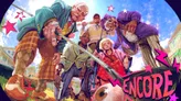 Five elderly figures in stylized, exaggerated poses—one kneeling with a rifle, another holding a cane, one seated in a wheelchair with a weapon, and two standing with props. A pig with a speech bubble-like face in the foreground. Bright, chaotic background with stars and partial text "ENCE" visible.