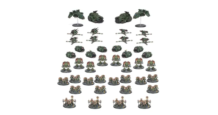 A detailed arrangement of miniatures from the Warhammer 40,000 universe, featuring a variety of units in a cohesive green and metallic color scheme. The collection includes several vehicles, such as tanks and gunships, alongside multiple infantry models, including Dreadnoughts and Terminators, all displayed on circular bases. The layout showcases the diverse components of a Saturnine Battle Group, emphasizing the intricate designs and details characteristic of Games Workshop miniatures.