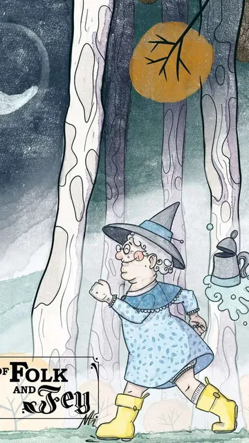 Witch in blue dress, pointed hat, holding cauldron, trees behind, text "OF FOLK AND FEY"