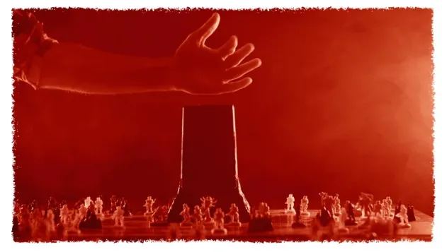 Two large hands reaching down toward small figures and a tall monolith.