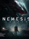 A futuristic, ruined cityscape with a large, menacing mechanical creature looming in the background. A lone, armored figure with a backpack and weapon stands in the foreground, facing the creature. The text "NEMESIS LEGACY" is prominently displayed in bold, glowing letters.