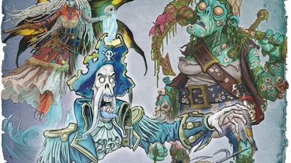 A vibrant illustration features four undead pirate characters. On the left, a faerie pirate with large, dark wings and flowing hair is depicted, wearing a tattered dress. In the center, an undead pirate captain in a blue coat and tricorn hat, with a skeletal face and a long beard, gestures dramatically. To the right, a green-skinned pirate with a patchy outfit and various sea creatures adorning her body holds a weapon, while a crab-like creature with a pirate hat and bulging eyes sits in the foreground, showcasing a treasure-laden shell. The background has a textured, oceanic theme, enhancing the eerie atmosphere.