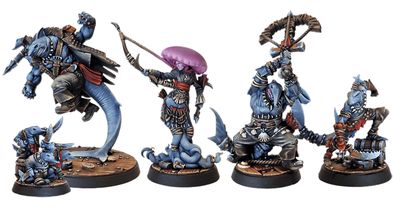 A collection of miniatures from the Voidsea campaign features a variety of fantastical characters. On the left, a large, muscular humanoid figure with blue skin and a rugged outfit stands in a dynamic pose. Next to it, a slender, dark-skinned character with a jellyfish-like head holds a weapon, adorned in tattered clothing. To the right, a small, blue creature with a mischievous expression stands on a wooden base, while another figure with a claw and a menacing stance completes the lineup. The miniatures are intricately detailed, showcasing a mix of pirate and eldritch themes.