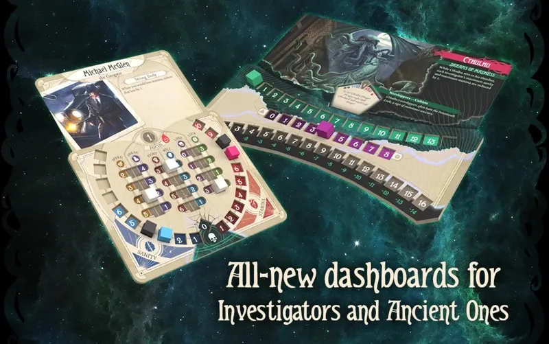 Game boards with dials, cards, and text "All-new dashboard Investigators and Ancien" on starry background.