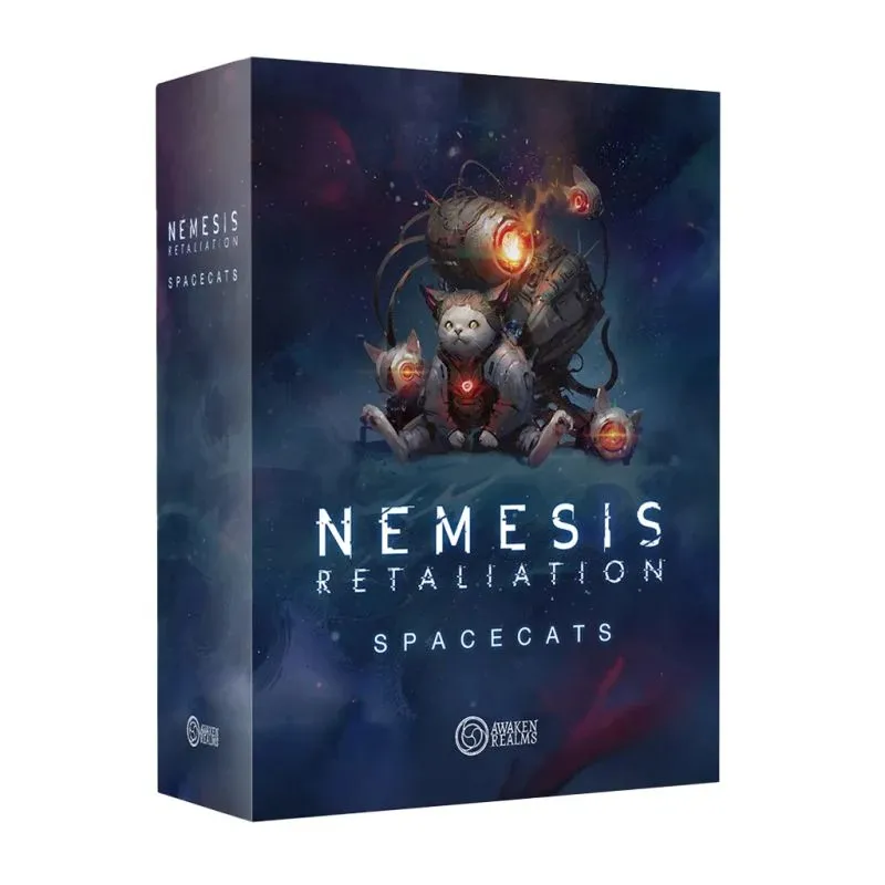 Box for the board game "Nemesis: Retaliation - Spacecats" by Awaken Realms. The cover art depicts a futuristic scene with a large mechanical suit holding a cat wearing a glowing red circular device on its chest. Two smaller cats with similar devices sit in front of the suit. The background is a dark, space-like setting with nebula colors. The text on the box reads "NEMESIS RETALIATION" and "SPACECATS" prominently, with the Awaken Realms logo at the bottom.