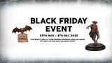 A promotional graphic for TTCombat's Black Friday event features bold text stating "BLACK FRIDAY EVENT" at the top, with dates from "27TH NOV - 4TH DEC 2025" below. On the left, there is an illustration of a small cart with a red and white striped umbrella, while on the right, a miniature figure stands, showcasing a character in a dynamic pose. The text highlights a free miniature offer for purchases over £75 and a second free miniature for orders over £150.