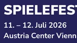 A promotional graphic for Spielefest Wien features bold white text on a deep blue background. The event name "SPIELEFEST WIEN" is prominently displayed at the top, followed by the dates "11. – 12. Juli 2026" and the location "Austria Center Vienna." The design includes dynamic lines on the right side, adding a modern touch to the overall layout.