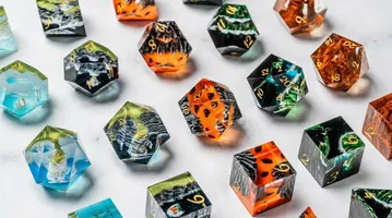 A collection of luxury polyhedral dice in various colors and designs, inspired by famous landmarks. The dice feature intricate patterns resembling geological formations, with colors ranging from vibrant oranges and greens to cool blues and blacks. Each set includes a mix of shapes, such as d4, d6, d8, d10, d%, d12, and d20, all displayed on a light surface.