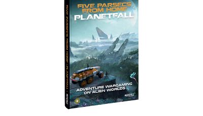 A book titled "Five Parsecs From Home: Planetfall" is prominently displayed, featuring a vibrant cover illustration. The scene depicts a rugged alien landscape with a large vehicle in the foreground, surrounded by lush vegetation and remnants of crashed starships in the background. The title is boldly printed at the top, with the subtitle "Adventure Wargaming on Alien Worlds" at the bottom, emphasizing the game's focus on exploration and tactical combat.