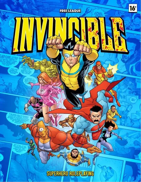Superheroes in action with "INVINCIBLE" in bold yellow letters above.